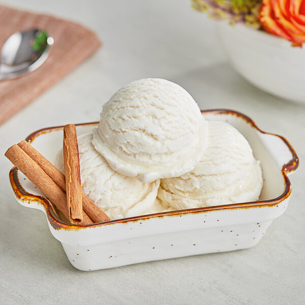 A bowl of Lloyd's of Pennsylvania cinnamon ice cream with cinnamon sticks.