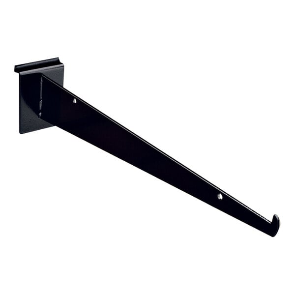 A black metal 14" shelf bracket with a hook on it.