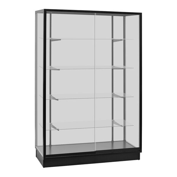 A black glass display showcase with shelves and sliding doors.