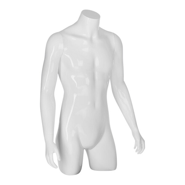 A glossy white plastic male mannequin with removable arms.