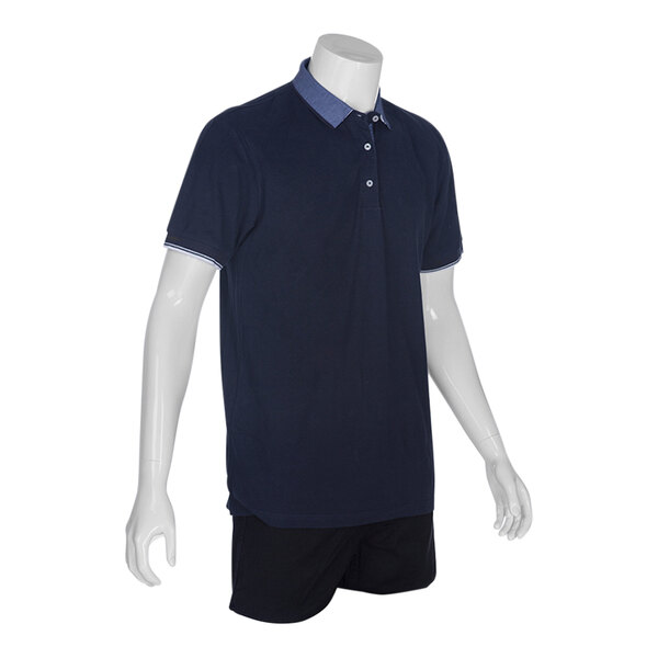 A glossy white plastic male 3/4 body mannequin wearing a blue polo shirt and shorts.