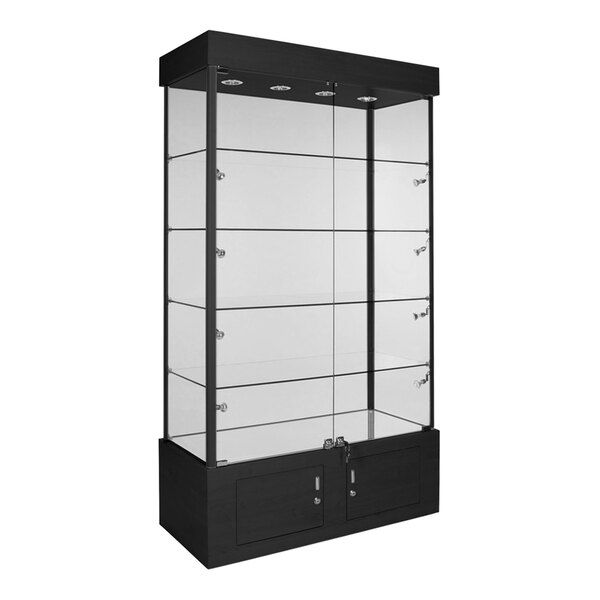 A black glass display showcase with glass doors and LED lighting.