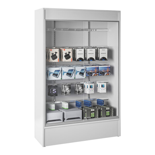 CHERRY MERCHANDISING SECURITY DISPLAY SHOWCASE WITH HANGRAILS & PEGHOOKS FOR PEGGABLE MERCHANDISE