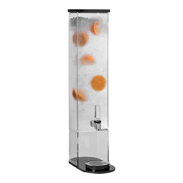 A Rosseto plastic beverage dispenser with a piece of orange in it.