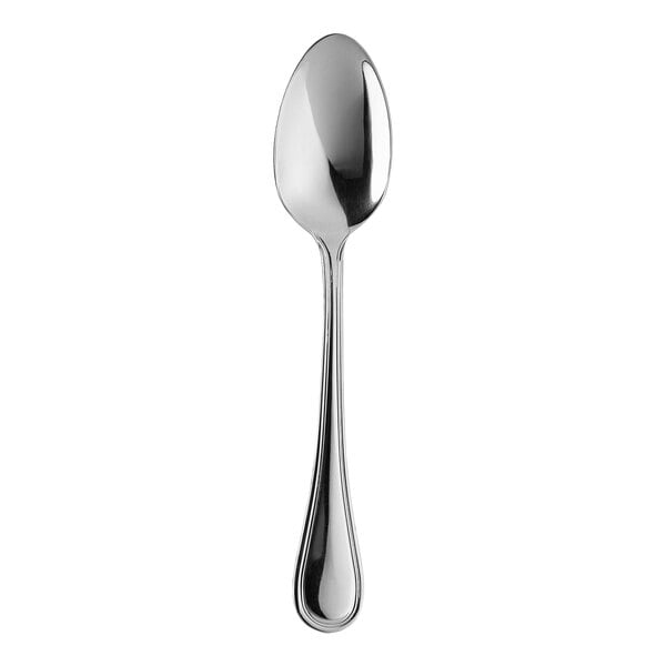 A close-up of a WNK Contour stainless steel oval bowl soup/dessert spoon with a silver handle and spoon.