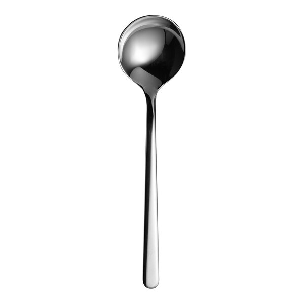 A close-up of a WNK Togo stainless steel round bowl soup spoon with a long handle.