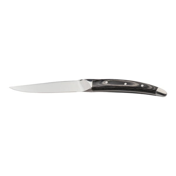 A WNK steak knife with an olive pakkawood handle and silver blade.