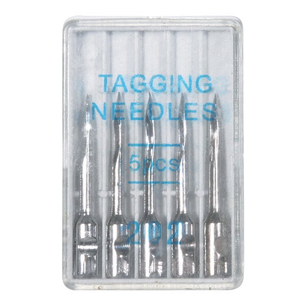 A plastic container of six steel needles with metal tips.