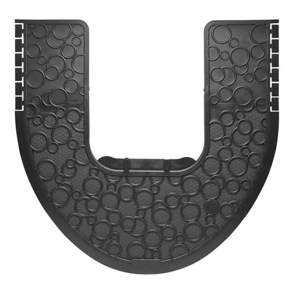 A black plastic Fresh Products toilet floor mat with circles on it.