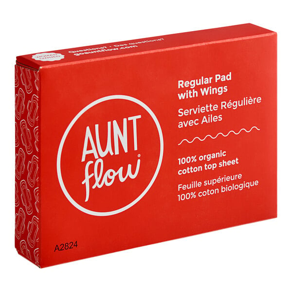 A red box with white text for Aunt Flow Universal Organic Cotton Menstrual Pads.