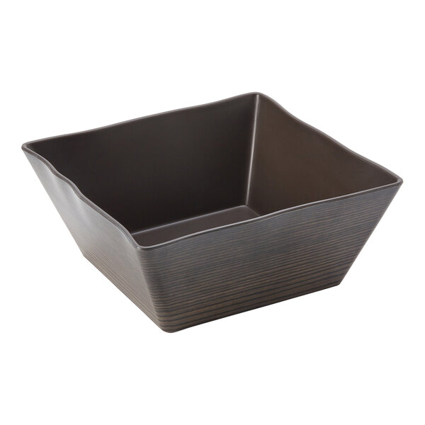 An American Metalcraft square brown melamine bowl with a curved edge.