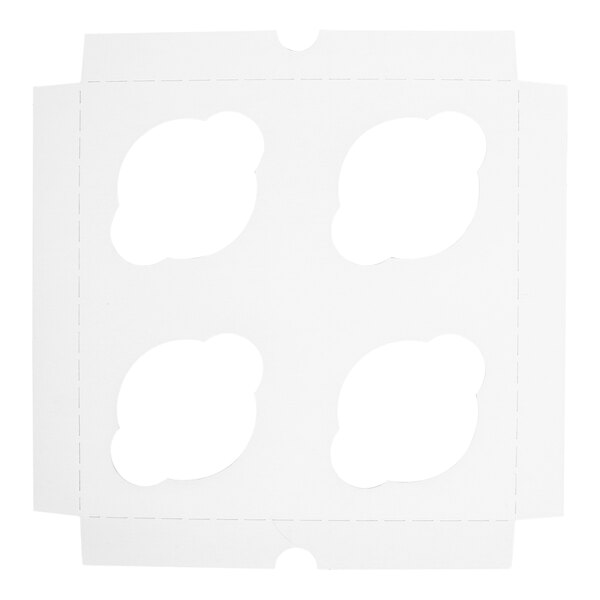 A white cardboard cupcake insert with four cut-out spaces designed to hold standard-sized cupcakes in an 8 x 8 inch box.