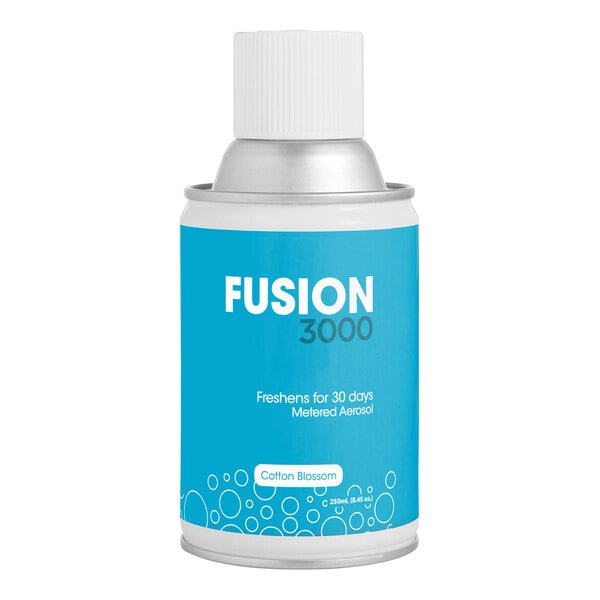 A white Fresh Products Fusion air freshener refill can with a blue label.