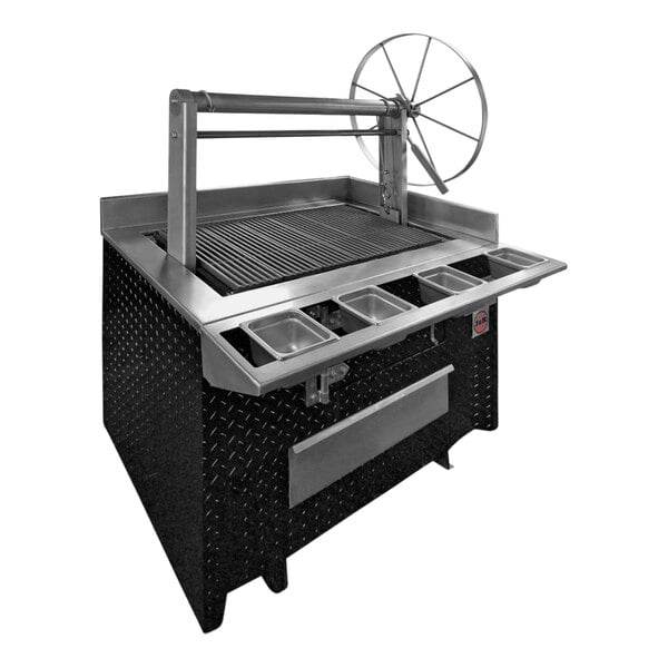 A J & R Manufacturing Santa Maria-style wood show grill with casters.