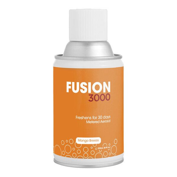 A white and orange can of Fresh Products Fusion 3000 Mango Breeze air freshener refill.