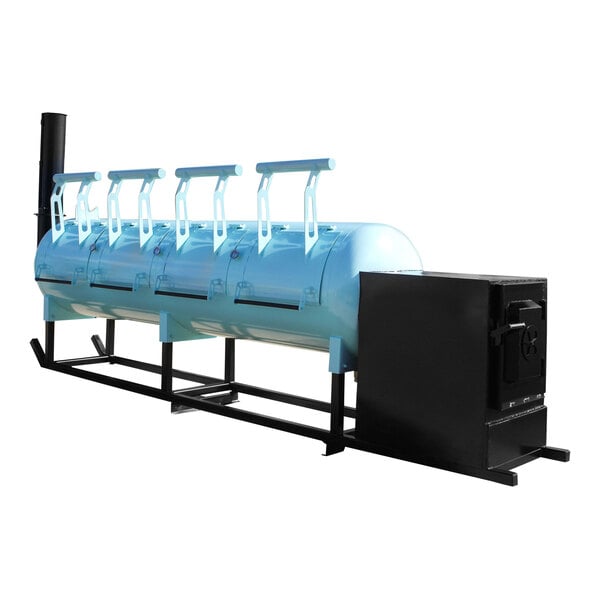 A large blue and black J&amp;R Manufacturing Jefe 1000 offset smoker with handles.