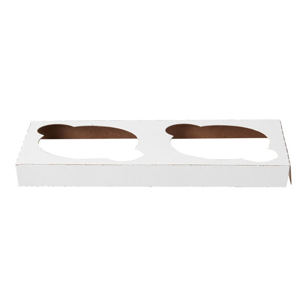 A white cardboard insert designed to hold two muffins or jumbo cupcakes in an 8 x 4 inch box.