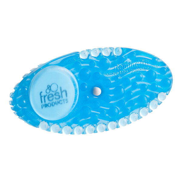 A blue and white plastic Fresh Products Curve air freshener with a blue and white circle on the front.