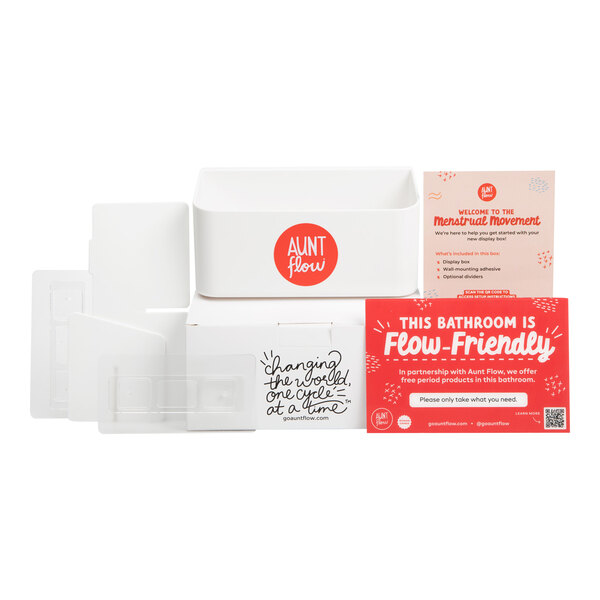 A white rectangular box with a red label and a black border with the text "Aunt Flow" on it.