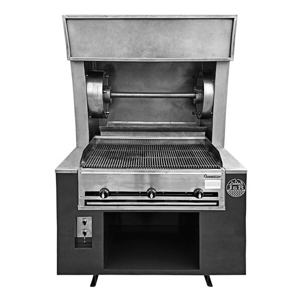 A J&R Manufacturing Milano Arosti All-Gas Rotisserie and Grill with a metal lid open on a black grill.