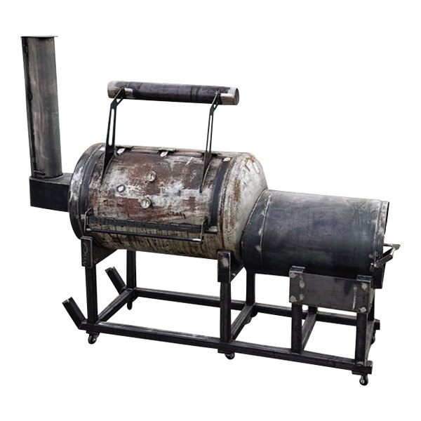 A J&R Manufacturing Jefe 250 offset smoker, a large metal barrel with a pipe and a wooden handle.