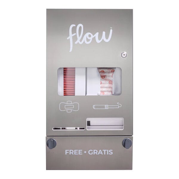 An Aunt Flow stainless steel wall-mount dispenser for sanitary napkins and tampons with white text.