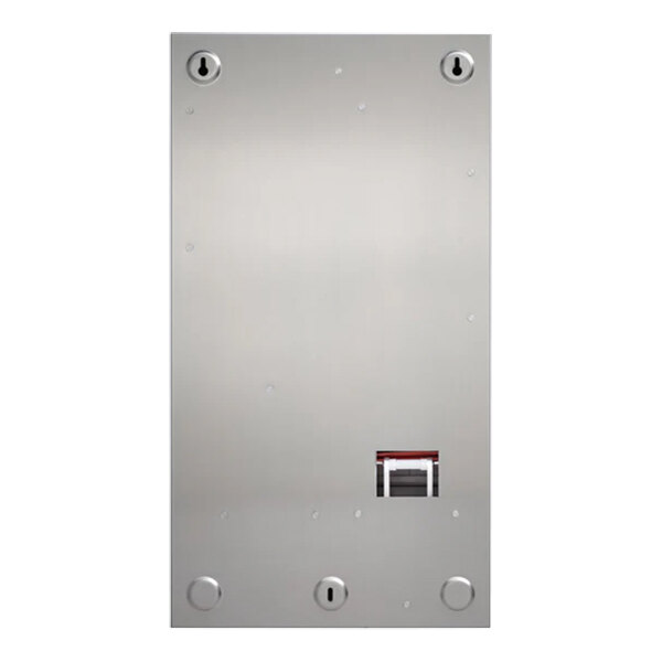 A stainless steel rectangular wall-mount dispenser with a red and black button.