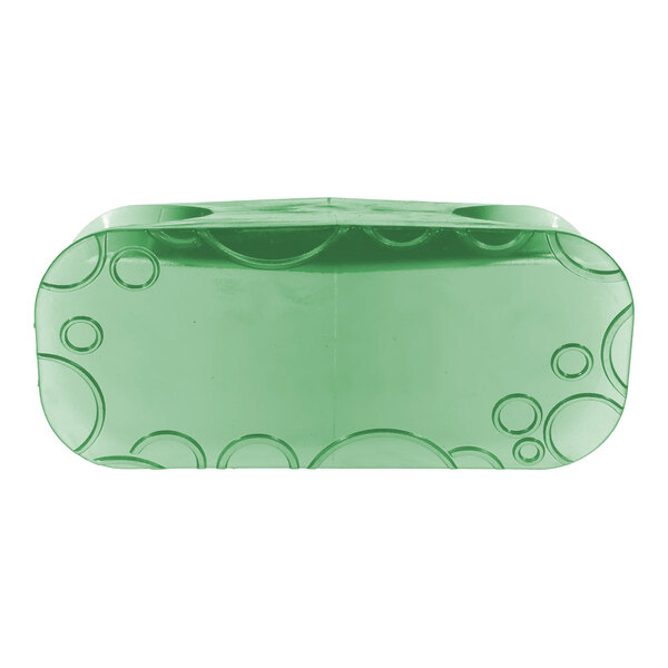 A green air freshener clip with a cucumber melon scent and bubble designs on the surface.
