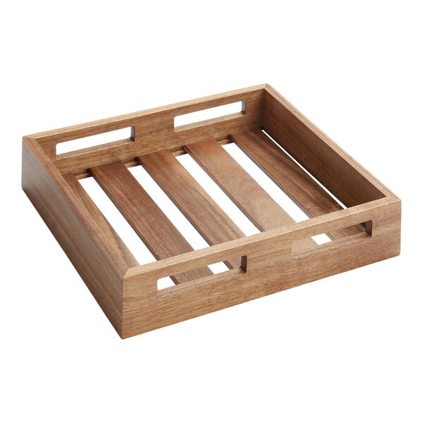 An American Metalcraft acacia wood crate with four shelves.