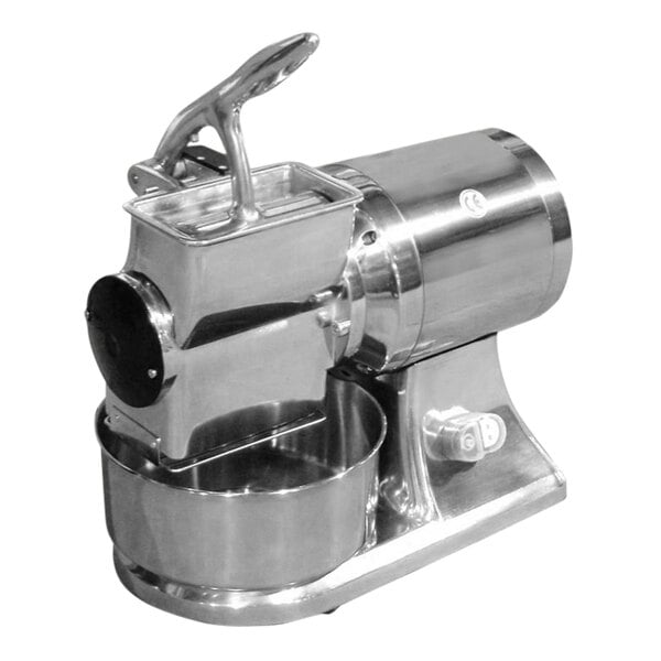 A silver Fama electric hard cheese grater with a round container.