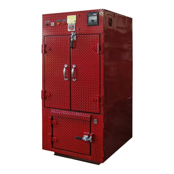 A red metal box with two doors and handles.