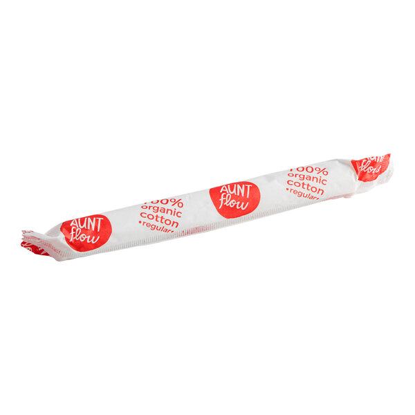 A white and red Aunt Flow tampon wrapper on a white background.