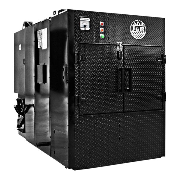 A large black metal J&R Manufacturing Oyler wood-fired smoker with the door open.