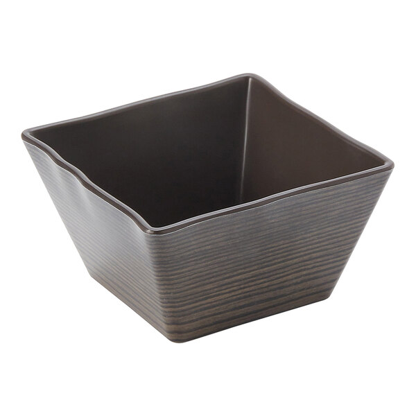 An American Metalcraft square brown melamine bowl with curved edges.