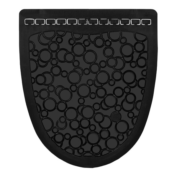 A black Fresh Products urinal floor mat with circles on it.