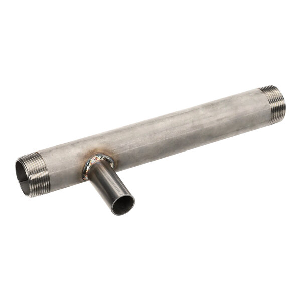 A stainless steel Pitco drain pipe with holes at the end.