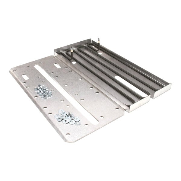 A metal tray with a Vulcan 480V griddle heating element, wires, and screws.