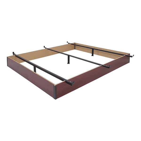 A Rize Home California King bed base with metal rods and a cherry MDF wooden base.