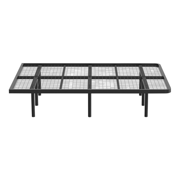 A black steel Rize Home Apex Pro platform bed base with metal legs and a grid top.
