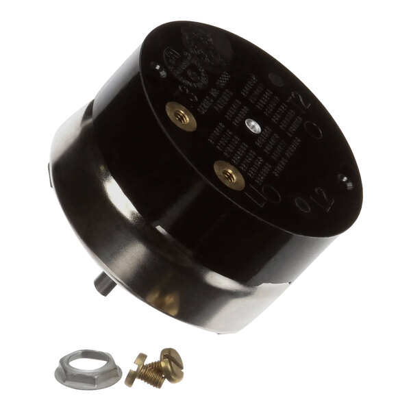 A black round Vulcan timer with a screw.
