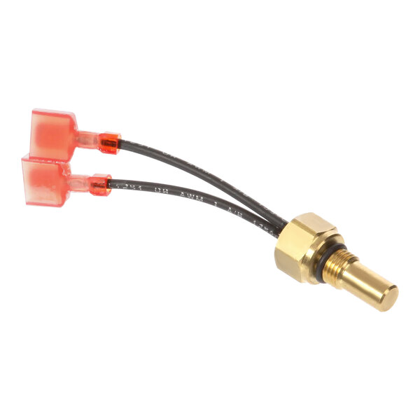 A red connector with a gold and red wire.