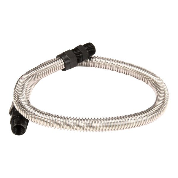 A flexible metal hose with a black and silver connector.
