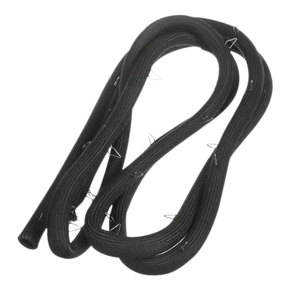 A coiled black fiberglass rope with metal clips on the end.