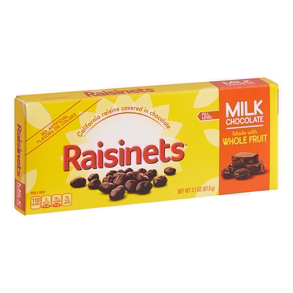 A yellow box of RAISINETS milk chocolate-covered raisins on a white background.