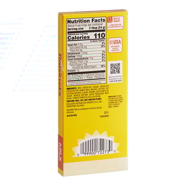 A yellow RAISINETS box with black and white text on a white background.