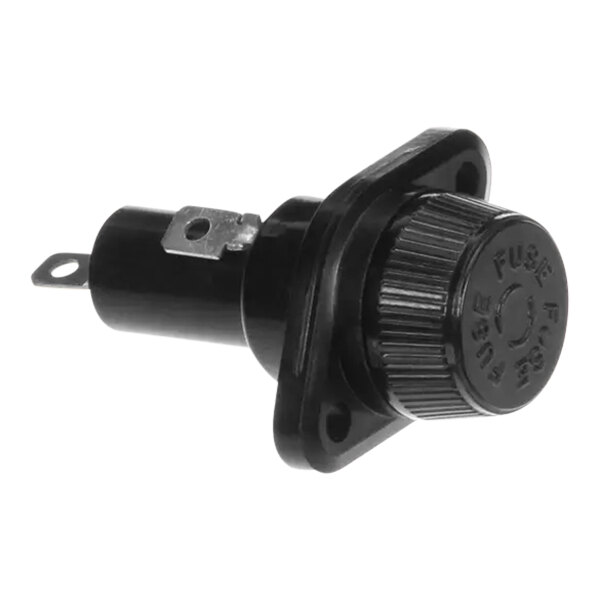 A black electrical component with a black plastic knob.