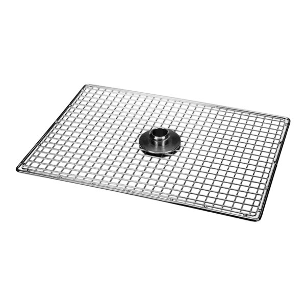 A stainless steel metal grid with a black handle.
