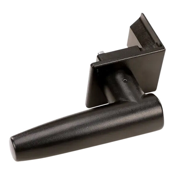A black plastic handle with a black plastic knob on a metal holder.