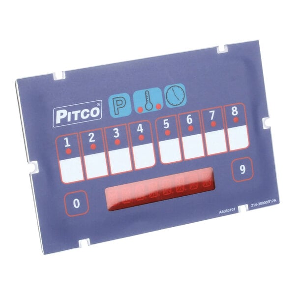 A blue rectangular Pitco computer display with red and white numbers.