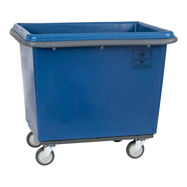 A blue polypropylene container with wheels.